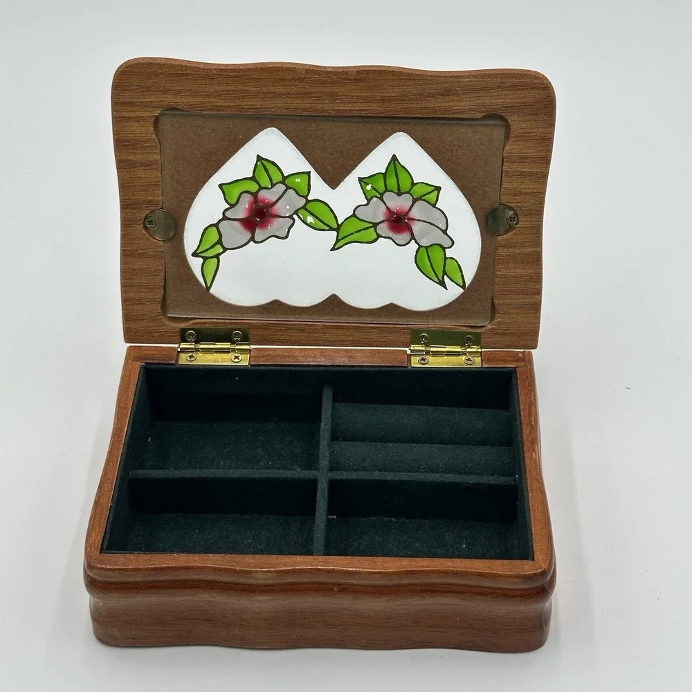 Vintage Wood Wooden Trinket Jewelry Box W/ Flower Blossom Design